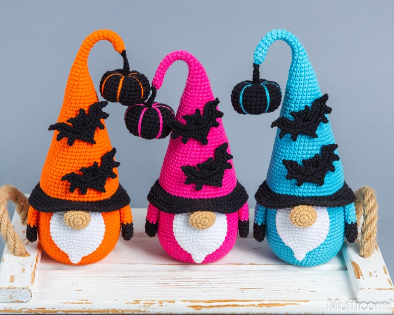 Crochet patterns Halloween gnome with bat and pumpkin, Halloween crochet gnome pattern, Crochet pumpkin pattern, Crochet bat pattern image 8