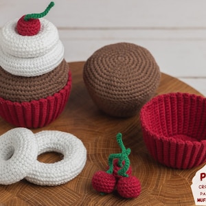 Cherry amigurumi cupcake pattern, Food amigurumi pattern for pretend play, Crochet food pattern for kitchen decor, Crochet play food pattern