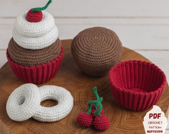 Kersen amigurumi cupcake patroon, Voedsel amigurumi patroon voor fantasiespel, Haak voedsel patroon voor keuken decor, Haak speel voedsel patroon