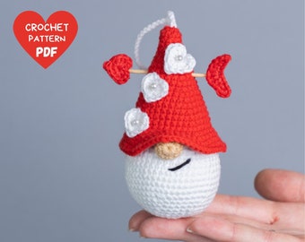 Crochet patterns keychain gnome with crochet heart, Crochet keychain amigurumi pattern, Crochet Valentines day pattern,  Gnome ornament