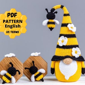 Crochet patterns Gnome with Bee, Crochet bee pattern, Gnome amigurumi pattern, Crochet gnome pattern with crochet flowers