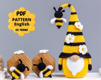 Crochet patterns Gnome with Bee, Crochet bee pattern, Gnome amigurumi pattern, Crochet gnome pattern with crochet flowers