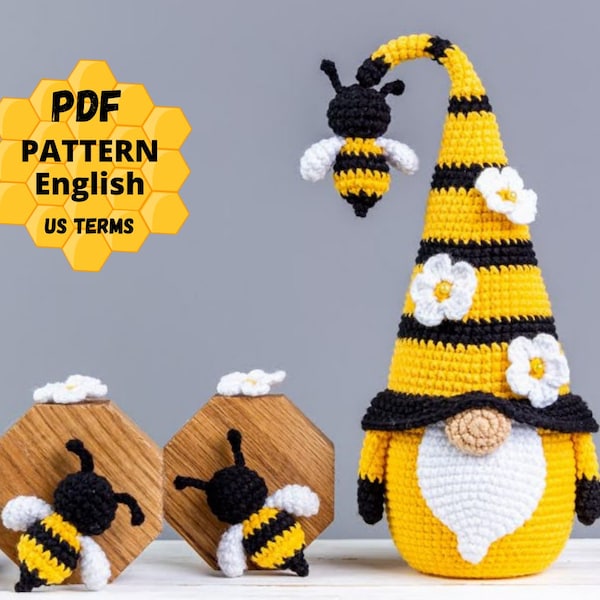 Crochet patterns Gnome with Bee, Crochet bee pattern, Gnome amigurumi pattern, Crochet gnome pattern with crochet flowers