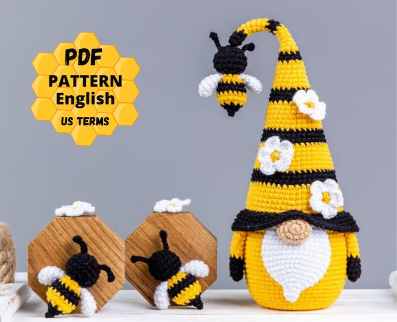 Crochet patterns bundle Gnome with Bee and pot of honey, Crochet bee pattern, Gnome amigurumi pattern, Crochet gnome with crochet flowers image 3