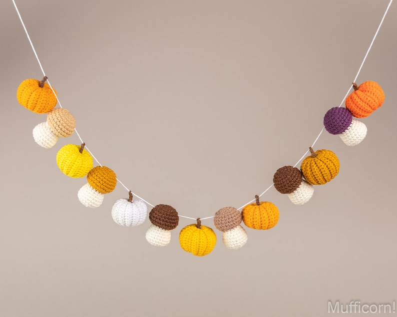 May include: A crocheted garland with alternating orange, yellow, and brown pumpkins and white mushrooms. The garland is strung on white twine.