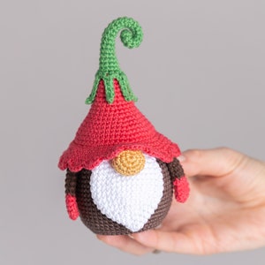 May include: A crocheted gnome with a red hat, brown body, white beard, and a green curly hat top.