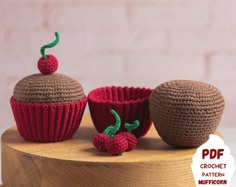 Cherry crochet cupcake pattern, Amigurumi food pattern, Crochet play food, Crochet food pattern