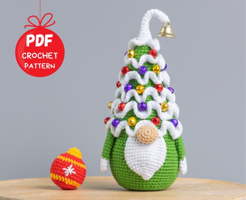 Patrones de ganchillo gnomo de árbol de Navidad con adornos navideños, Patrón de gnomo amigurumi de Navidad, Patrón de gnomo de ganchillo de Navidad imagen 8