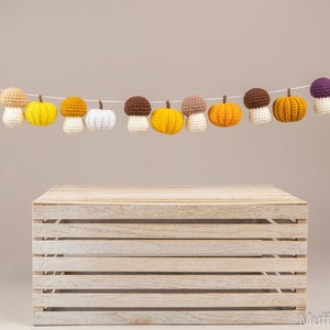 May include: A wooden crate with a garland of crocheted pumpkins and mushrooms in shades of orange, yellow, brown, white, and purple.