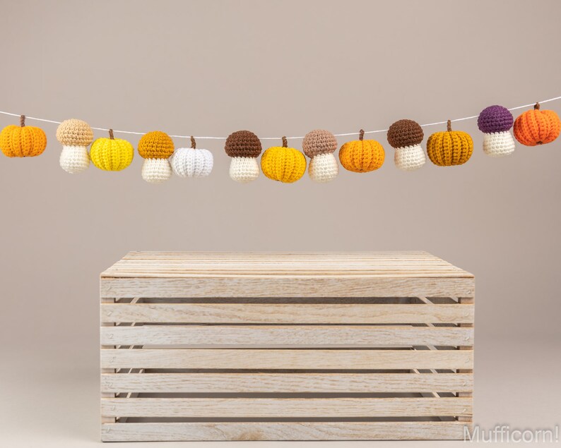 May include: A wooden crate with a garland of crocheted pumpkins and mushrooms in shades of orange, yellow, brown, white, and purple.