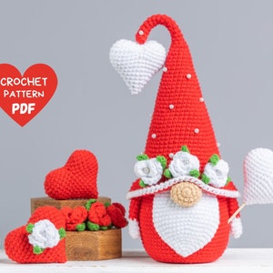 Crochet patterns gnome with crochet heart, Crochet gnome amigurumi pattern, Crochet valentine gnome patterns,  Crochet gift pattern