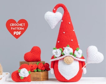 Patrones de gnomo de crochet con corazón de crochet, Patrón de gnomo amigurumi de crochet, Patrones de gnomo de San Valentín de crochet, Patrón de regalo de crochet