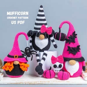 Crochet Halloween patterns Bundle: Crochet Halloween Gnome Witch, Crochet keychain skull, Crochet gnome with pumpkin, Amigurumi witch