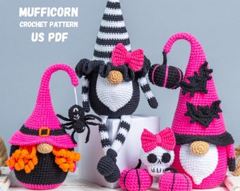 Crochet Halloween patterns Bundle: Crochet Halloween Gnome Witch, Crochet keychain skull, Crochet gnome with pumpkin, Amigurumi witch