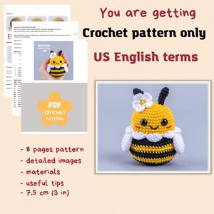 Crochet Bee Pattern, Amigurumi bee crochet keychain pattern, Crochet pattern bumble bee car hanger, Crochet animals pattern, Crochet flower image 2