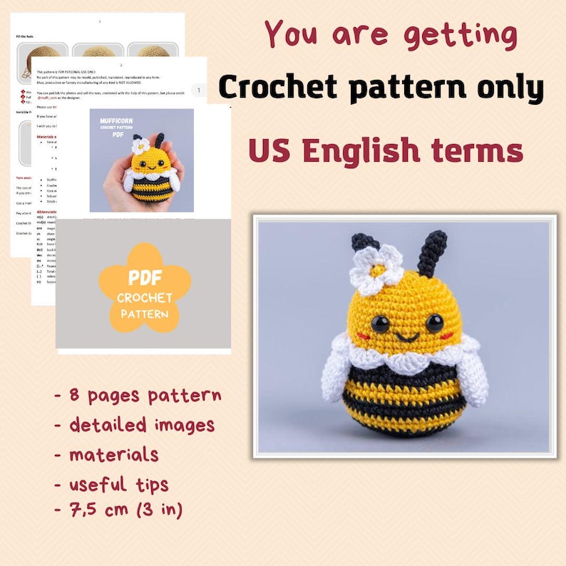 Crochet Bee Pattern, Amigurumi bee crochet keychain pattern, Crochet pattern bumble bee car hanger, Crochet animals pattern, Crochet flower image 2