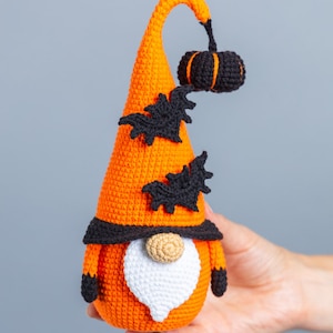 Crochet patterns Halloween gnome with bat and pumpkin, Halloween crochet gnome pattern, Crochet pumpkin pattern, Crochet bat pattern image 10