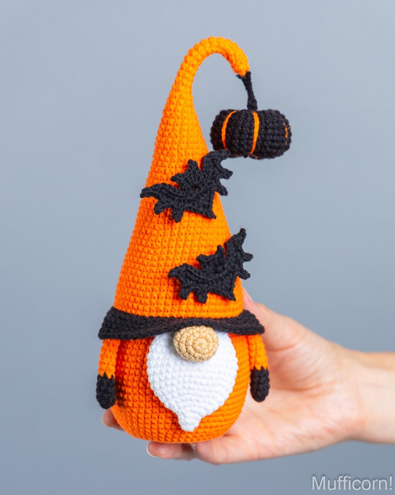 Crochet patterns Halloween gnome with bat and pumpkin, Halloween crochet gnome pattern, Crochet pumpkin pattern, Crochet bat pattern image 10