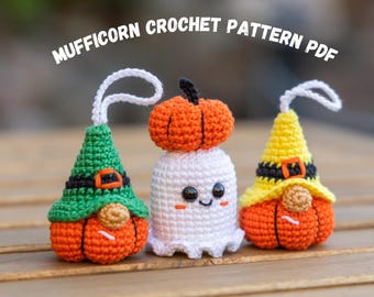 Halloween Crochet keychain patterns, Halloween amigurumi pattern, Crochet pumpkin keychain gnome pattern, Halloween crochet pattern