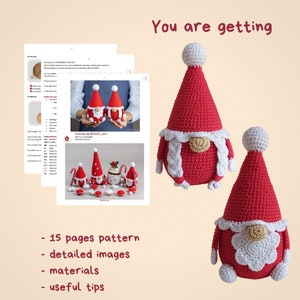May include: A digital download pattern for crocheting two gnomes. The pattern includes 15 pages, detailed images, materials, and useful tips. The gnomes are red with white accents and have a festive Christmas theme.