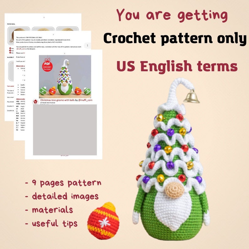 Crochet patterns Christmas tree gnome with Christmas ornements, Christmas amigurumi gnome pattern, Christmas crochet gnome pattern image 2