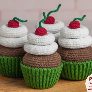 Cherry crochet cupcake pattern, Amigurumi food pattern for pretend play, Crochet food pattern for play kitchen, Crochet play food pattern