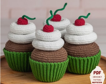 Cherry crochet cupcake pattern, Amigurumi food pattern for pretend play, Crochet food pattern for play kitchen, Crochet play food pattern