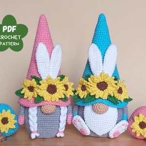Crochet patterns Easter bunnies with crochet sunflowers, Crochet animals, Crochet bunny amigurumi pattern, Crochet Easter gnomes patterns