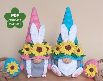 Crochet patterns Easter bunnies with crochet sunflowers, Crochet animals, Crochet bunny amigurumi pattern, Crochet Easter gnomes patterns