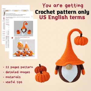 Crochet patterns amigurumi gnome with pumpkin, Crochet gnome and crochet pumpkin pattern, Halloween crochet pattern, Crochet Halloween decor image 3