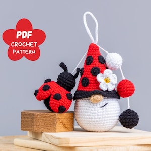 Crochet ladybug keychain pattern, Crochet patterns gnome and ladybug keychain, Crochet gnome pattern with crochet flowers