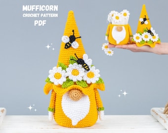 Ciotola per gnomo con motivo all'uncinetto per la festa della mamma con fiori all'uncinetto, motivo amigurumi per gnomo ape all'uncinetto, arredamento primaverile all'uncinetto, margherita all'uncinetto