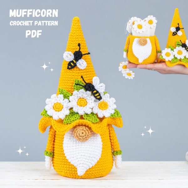 Ciotola per gnomo con motivo all'uncinetto per la festa della mamma con fiori all'uncinetto, motivo amigurumi per gnomo ape all'uncinetto, arredamento primaverile all'uncinetto, margherita all'uncinetto