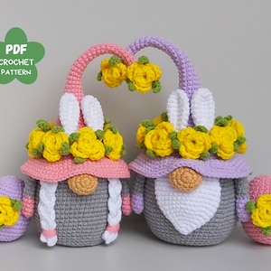Crochet patterns Easter bunny with crochet flowers, Crochet bunny gnome amigurumi pattern, Crochet Easter gnome egg pattern, Easter decor