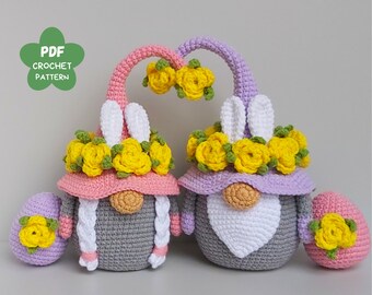 Crochet patterns Easter bunny with crochet flowers, Crochet bunny gnome amigurumi pattern, Crochet Easter gnome egg pattern, Easter decor