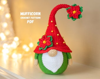 Crochet patterns Christmas gnome with poinsettia, Christmas amigurumi gnome pattern, Crochet winter gnome pattern, Christmas crochet gnome