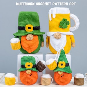 May include: Crochet pattern PDF for a set of four amigurumi gnomes. The gnomes are dressed in green hats and have orange beards. They are holding miniature beer mugs. The pattern is called "Mufficorn Crochet Pattern PDF".