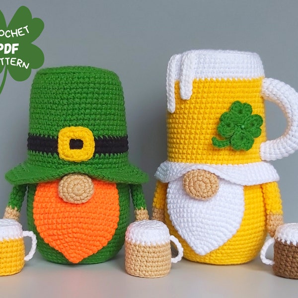 Modèles au crochet Gnome de lutin de bière, St Patricks day crochet gnomes amigurumi patterns, Fathers day crochet gift pattern