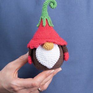 May include: A crocheted gnome with a red hat, brown body, white beard, and green curly hat top.