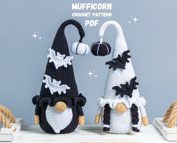 Crochet patterns Halloween gnome with bat and pumpkin, Halloween crochet gnome pattern, Crochet pumpkin pattern, Crochet bat pattern