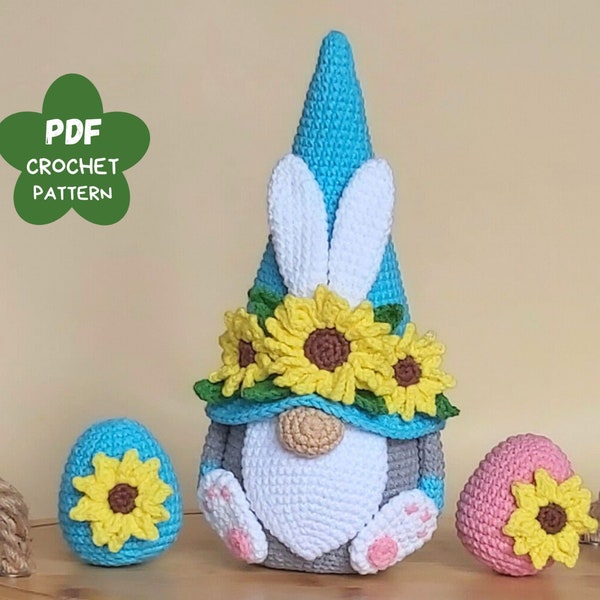 Crochet Easter bunny with sunflowers, Bunny crochet pattern, Crochet animals amigurumi pattern, Easter crochet bunny gnomes patterns