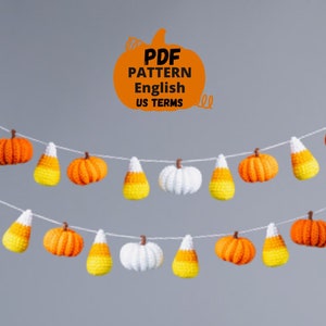 Crochet pattern Halloween garland, Crochet Halloween pumpkin pattern and candy crochet pattern, Crochet food pattern, Fall crochet decor