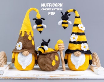 Crochet patterns bundle: Bee gnome, Honey Gnome and Honey Pot, Crochet gnome patterns, Gnome amigurumi pattern, Crochet food pattern