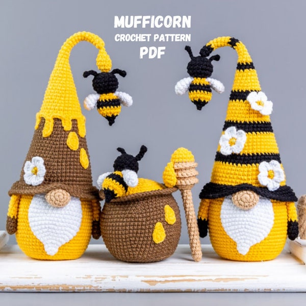 Crochet patterns bundle: Bee gnome, Honey Gnome and Honey Pot, Crochet gnome patterns, Gnome amigurumi pattern, Crochet food pattern