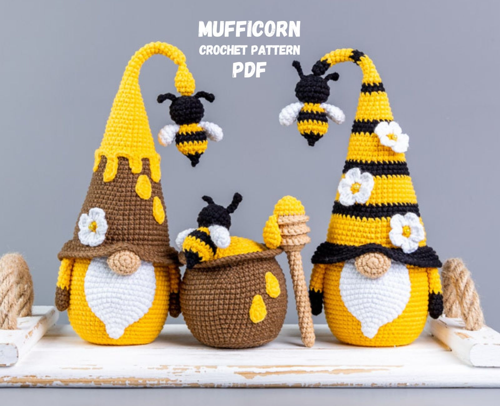 Crochet patterns bundle: Bee gnome, Honey Gnome and Honey Pot, Crochet gnome patterns, Gnome amigurumi pattern, Crochet food pattern
