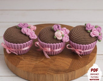 Crochet pattern cupcke with flowers, Amigurumi food pattern as birthday gift, Crochet food pattern for kids, Crochet play food pdf