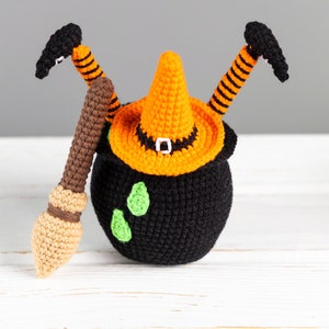 Halloween crochet patterns: Witch broom with cauldron and crochet witch hat, Crochet Halloween decor, Halloween amigurumi pattern image 7