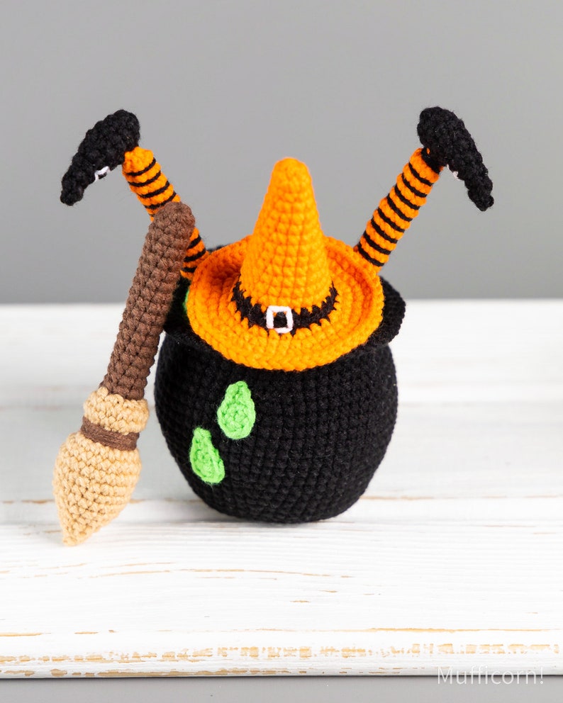 Halloween crochet patterns: Witch broom with cauldron and crochet witch hat, Crochet Halloween decor, Halloween amigurumi pattern image 7
