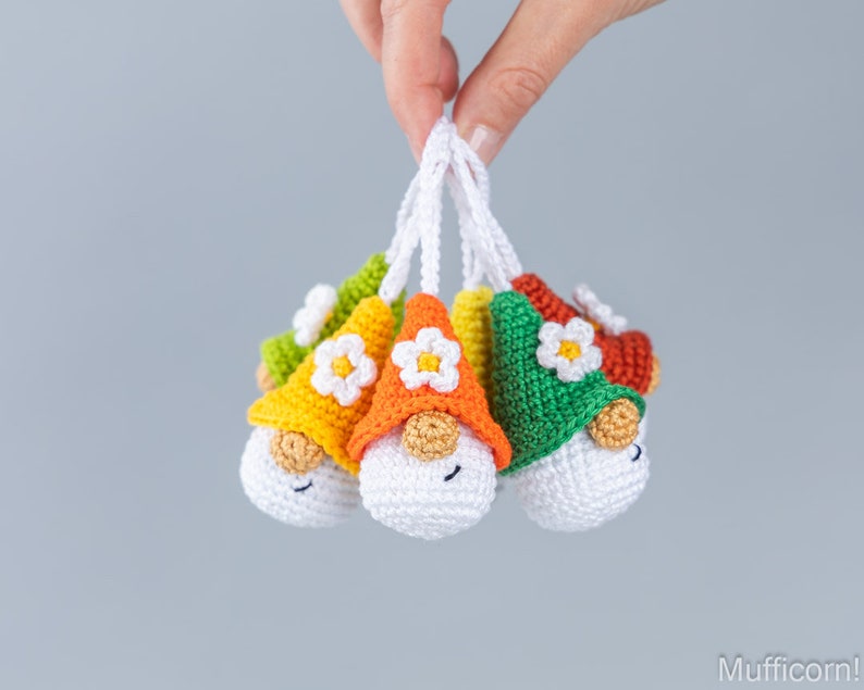 Crochet patterns amigurumi keychain gnome with crochet flower, Crochet keychain amigurumi pattern, Easter crochet pattern image 4