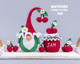 Crochet patterns Cherry Gnome with a Jar of Jam, Crochet amigurumi pattern Summer Gnome, Crochet gnome and crochet cherry pattern